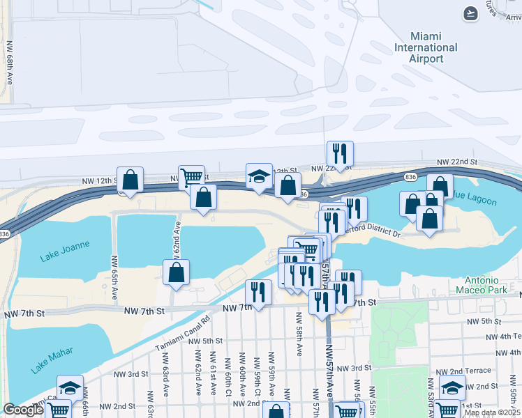 map of restaurants, bars, coffee shops, grocery stores, and more near 5805 Blue Lagoon Drive in Miami