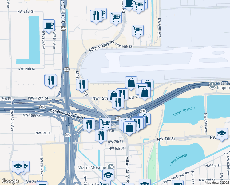 map of restaurants, bars, coffee shops, grocery stores, and more near 7275 Northwest 12th Street in Miami