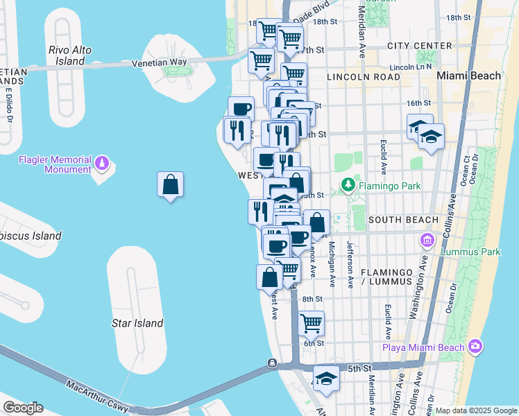 map of restaurants, bars, coffee shops, grocery stores, and more near 1250 West Avenue in Miami Beach