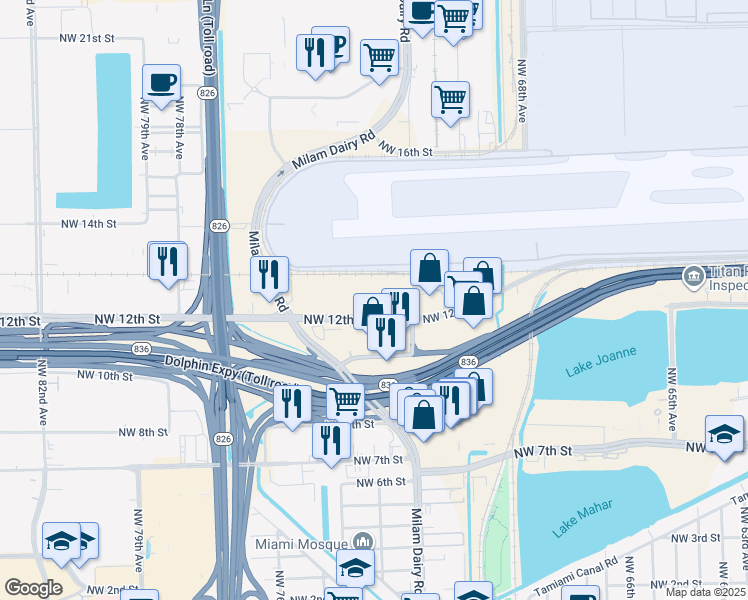map of restaurants, bars, coffee shops, grocery stores, and more near 7275 Northwest 12th Street in Miami