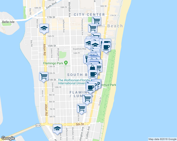 map of restaurants, bars, coffee shops, grocery stores, and more near 1220 Drexel Avenue in Miami Beach