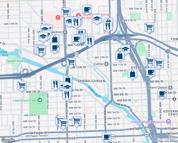 map of restaurants, bars, coffee shops, grocery stores, and more near 1011 Northwest 10th Avenue in Miami