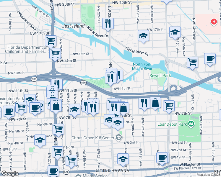 map of restaurants, bars, coffee shops, grocery stores, and more near 2201 Northwest 11th Street in Miami