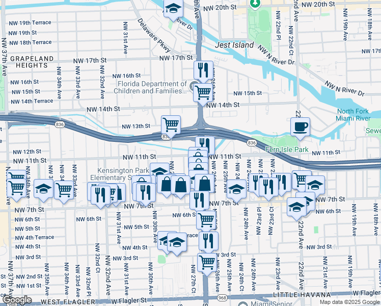 map of restaurants, bars, coffee shops, grocery stores, and more near 2801 Northwest 11th Street in Miami