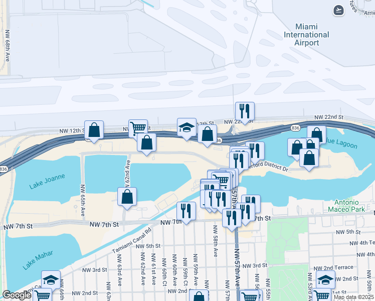 map of restaurants, bars, coffee shops, grocery stores, and more near 5201 Blue Lagoon Drive in Miami