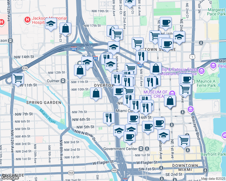 map of restaurants, bars, coffee shops, grocery stores, and more near 330 Northwest 10th Street in Miami