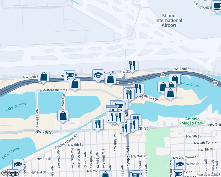 map of restaurants, bars, coffee shops, grocery stores, and more near 5757 Blue Lagoon Drive in Miami