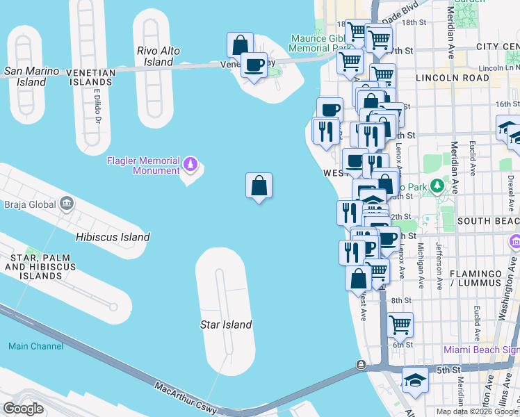 map of restaurants, bars, coffee shops, grocery stores, and more near in Miami Beach