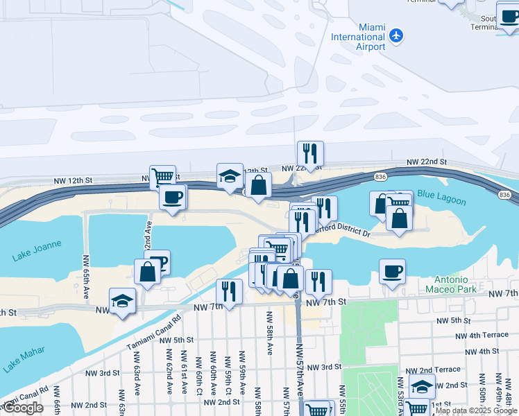 map of restaurants, bars, coffee shops, grocery stores, and more near 5757 Blue Lagoon Drive in Miami