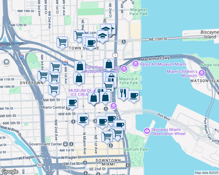 map of restaurants, bars, coffee shops, grocery stores, and more near in Miami