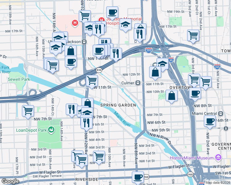 map of restaurants, bars, coffee shops, grocery stores, and more near 1011 Northwest 10th Avenue in Miami