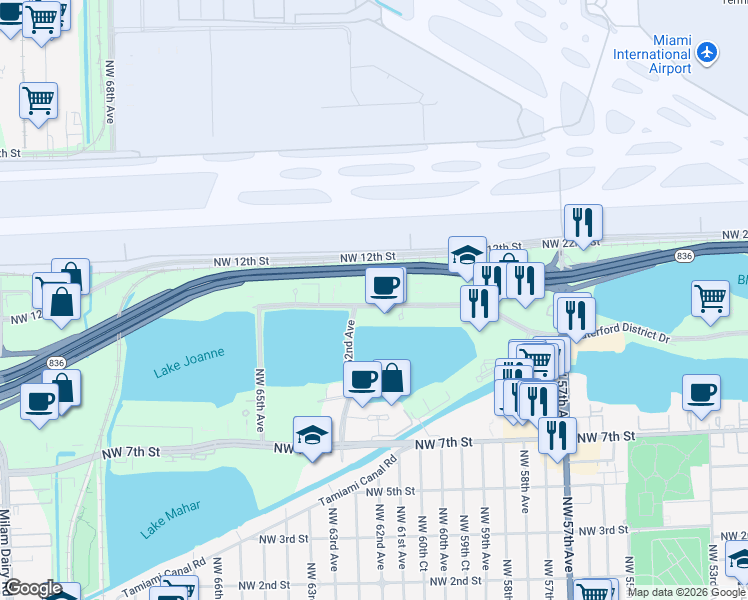 map of restaurants, bars, coffee shops, grocery stores, and more near 6161 Blue Lagoon Drive in Miami