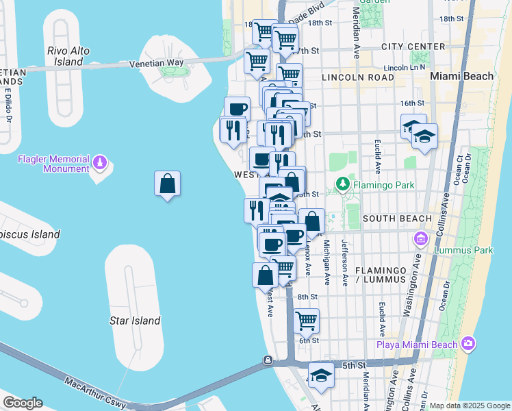 map of restaurants, bars, coffee shops, grocery stores, and more near 1250 West Avenue in Miami Beach