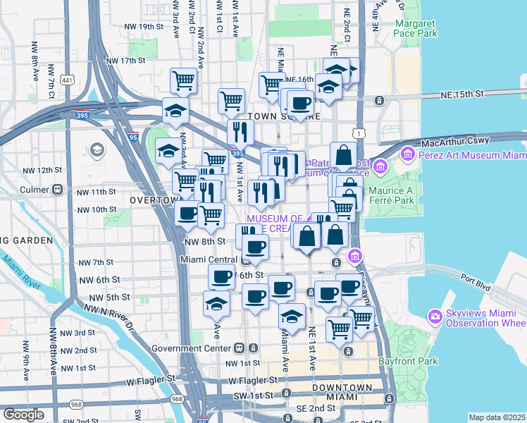 map of restaurants, bars, coffee shops, grocery stores, and more near 915 Northwest 1st Avenue in Miami