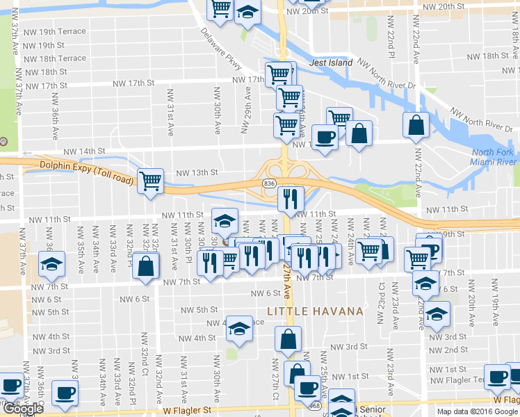 map of restaurants, bars, coffee shops, grocery stores, and more near 2801 Northwest 11th Street in Miami