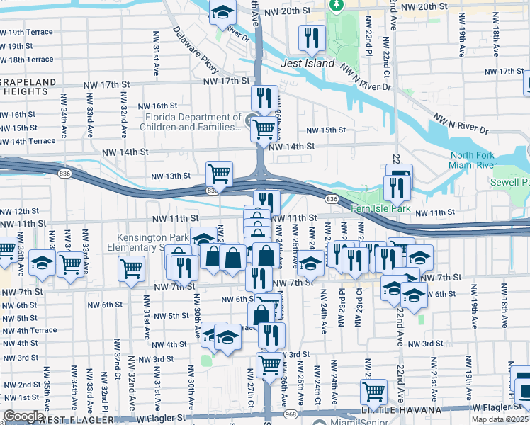 map of restaurants, bars, coffee shops, grocery stores, and more near 1983 Northwest 27th Avenue in Miami