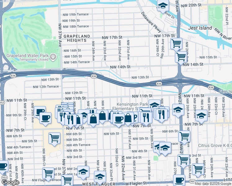 map of restaurants, bars, coffee shops, grocery stores, and more near 1136 Northwest 32nd Court in Miami