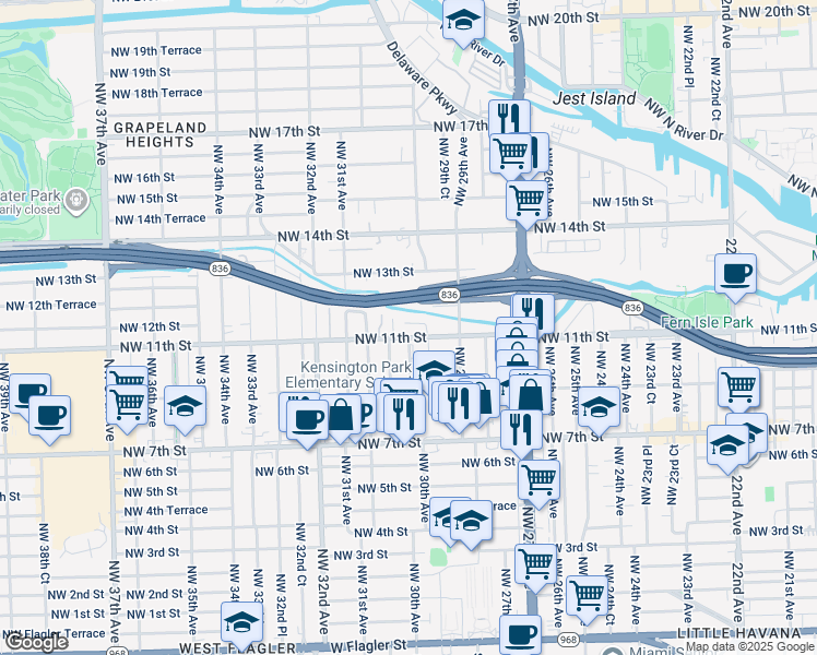 map of restaurants, bars, coffee shops, grocery stores, and more near 3030 Northwest 11th Terrace in Miami