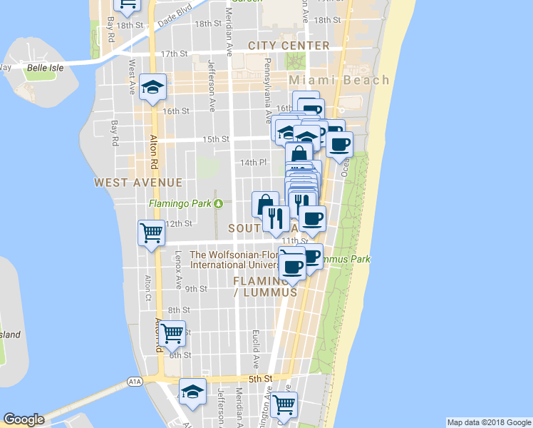 map of restaurants, bars, coffee shops, grocery stores, and more near 1228 Pennsylvania Avenue in Miami Beach
