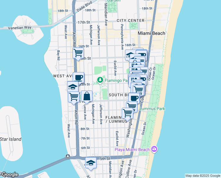map of restaurants, bars, coffee shops, grocery stores, and more near in Miami Beach