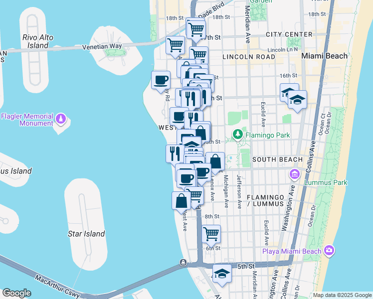 map of restaurants, bars, coffee shops, grocery stores, and more near 1245 West Avenue in Miami Beach