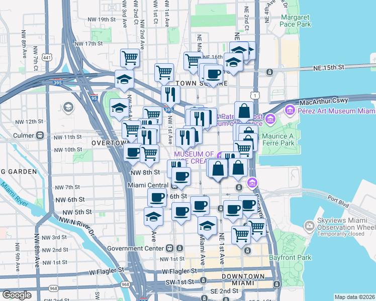 map of restaurants, bars, coffee shops, grocery stores, and more near 25 Northwest 9th Street in Miami