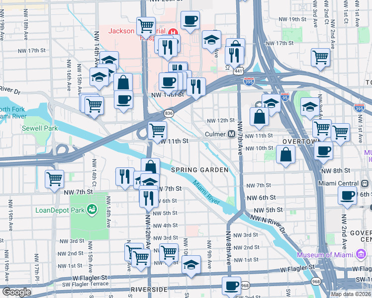 map of restaurants, bars, coffee shops, grocery stores, and more near 1011 Northwest 10th Avenue in Miami