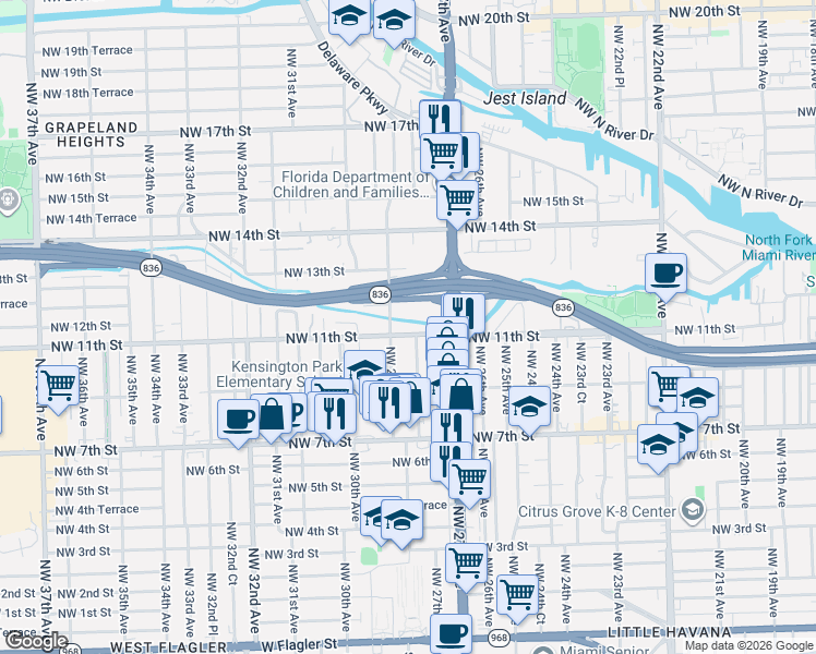 map of restaurants, bars, coffee shops, grocery stores, and more near 2801 Northwest 11th Street in Miami