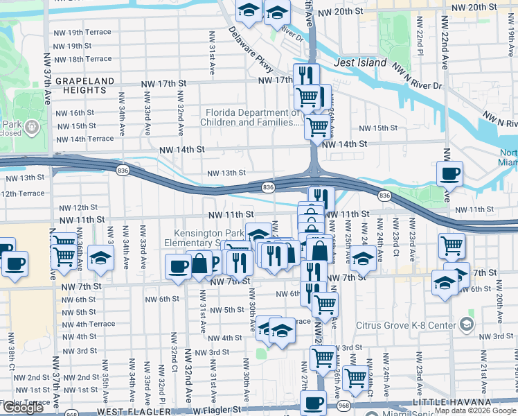 map of restaurants, bars, coffee shops, grocery stores, and more near 1140-1142 Northwest 29th Avenue in Miami