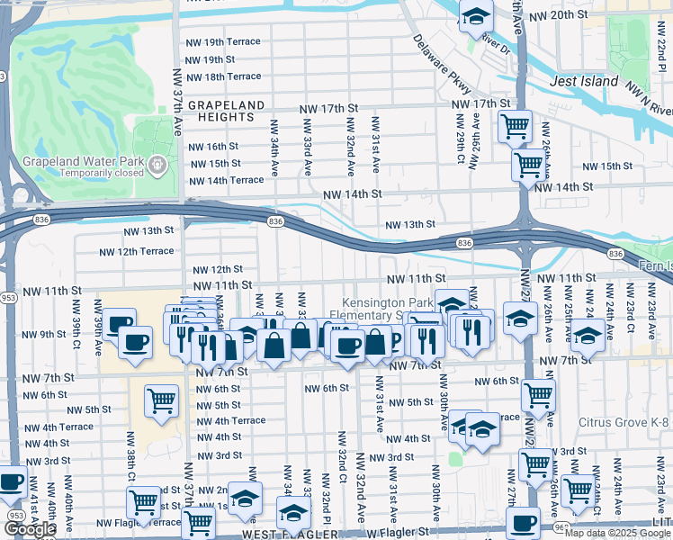 map of restaurants, bars, coffee shops, grocery stores, and more near 1136 Northwest 32nd Court in Miami
