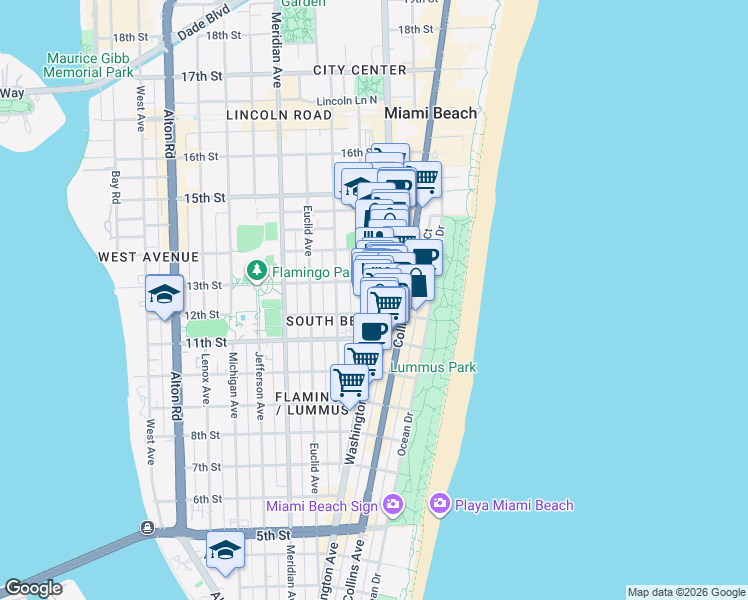 map of restaurants, bars, coffee shops, grocery stores, and more near 1220 Drexel Avenue in Miami Beach