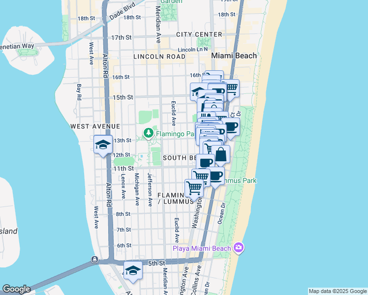 map of restaurants, bars, coffee shops, grocery stores, and more near 1228 Pennsylvania Avenue in Miami Beach