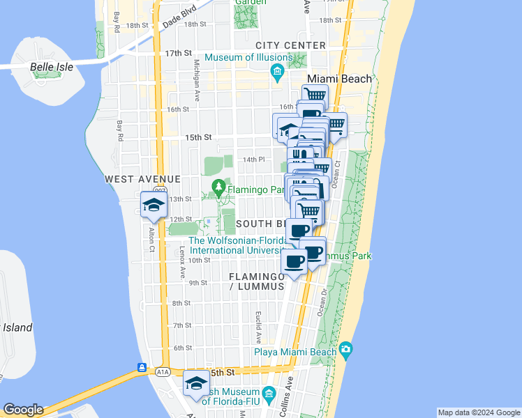 map of restaurants, bars, coffee shops, grocery stores, and more near 1228 Pennsylvania Avenue in Miami Beach