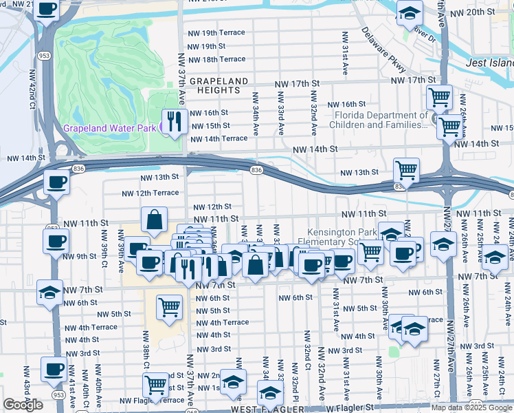 map of restaurants, bars, coffee shops, grocery stores, and more near 1138 Northwest 34th Avenue in Miami