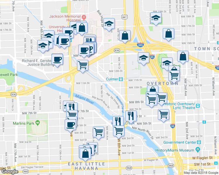 map of restaurants, bars, coffee shops, grocery stores, and more near 1014 Northwest 8th Street Road in Miami