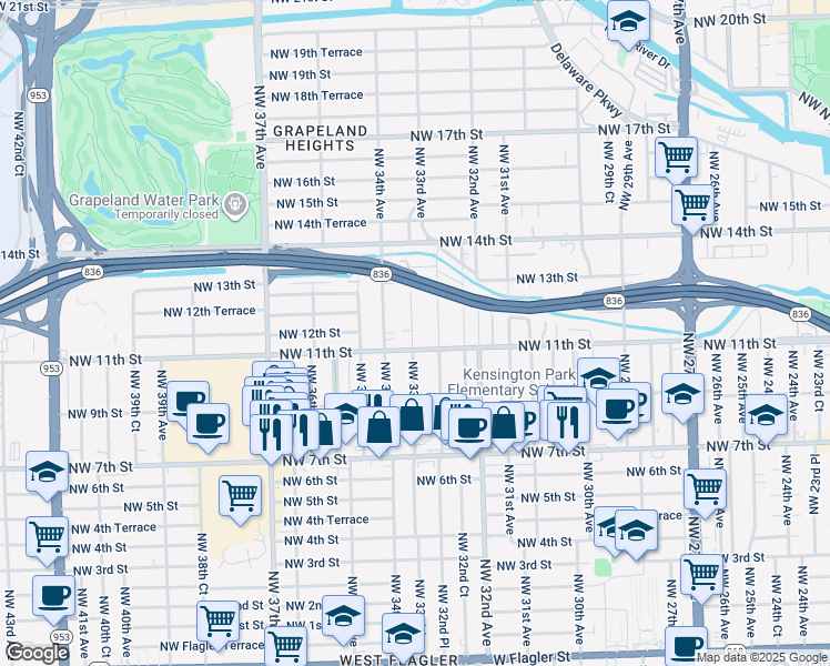 map of restaurants, bars, coffee shops, grocery stores, and more near 1129 Northwest 33rd Avenue in Miami