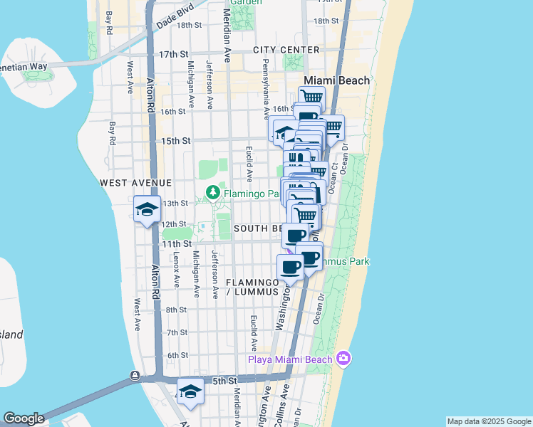 map of restaurants, bars, coffee shops, grocery stores, and more near 1228 Pennsylvania Avenue in Miami Beach
