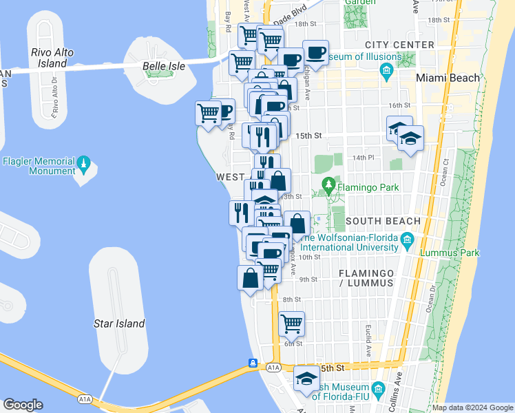 map of restaurants, bars, coffee shops, grocery stores, and more near 1245 West Avenue in Miami Beach