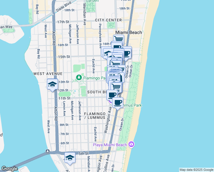 map of restaurants, bars, coffee shops, grocery stores, and more near 1226 Drexel Avenue in Miami Beach