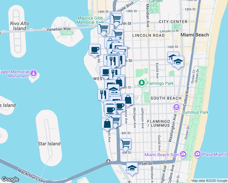 map of restaurants, bars, coffee shops, grocery stores, and more near 1245 West Avenue in Miami Beach