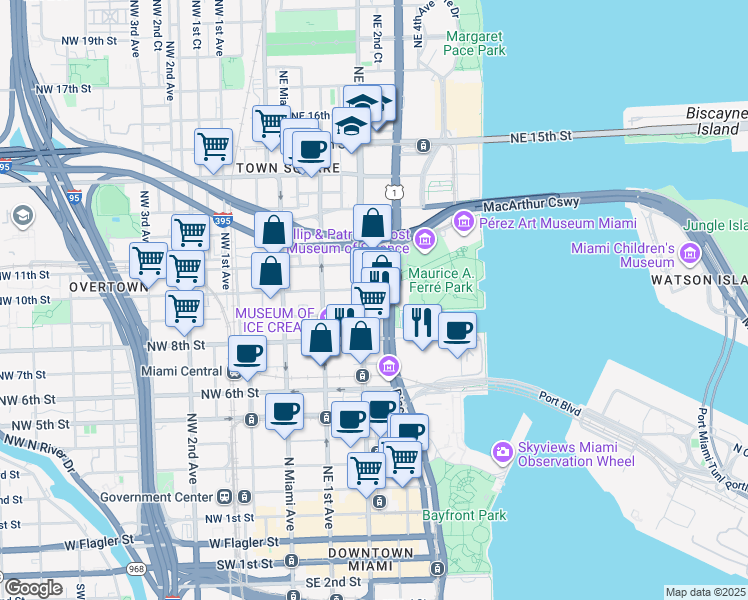 map of restaurants, bars, coffee shops, grocery stores, and more near in Miami
