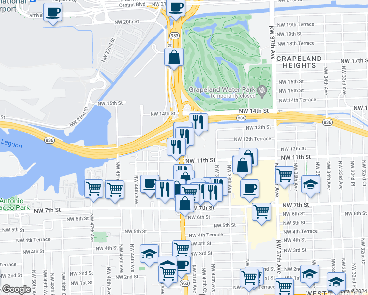 map of restaurants, bars, coffee shops, grocery stores, and more near 1201 Northwest Le Jeune Road in Miami