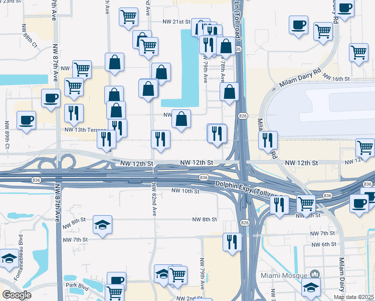 map of restaurants, bars, coffee shops, grocery stores, and more near 7955 Northwest 12th Street in Doral