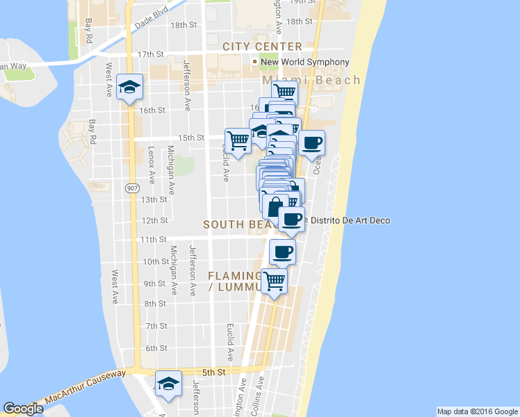 map of restaurants, bars, coffee shops, grocery stores, and more near 1220 Drexel Avenue in Miami Beach