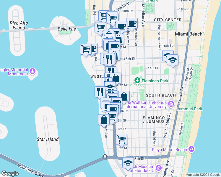 map of restaurants, bars, coffee shops, grocery stores, and more near 1245 West Avenue in Miami Beach