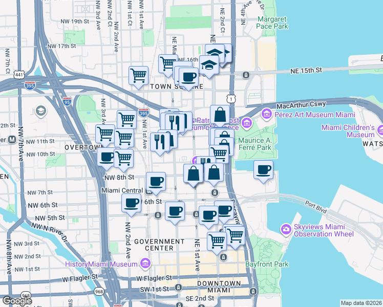 map of restaurants, bars, coffee shops, grocery stores, and more near 46 Northeast 10th Street in Homestead