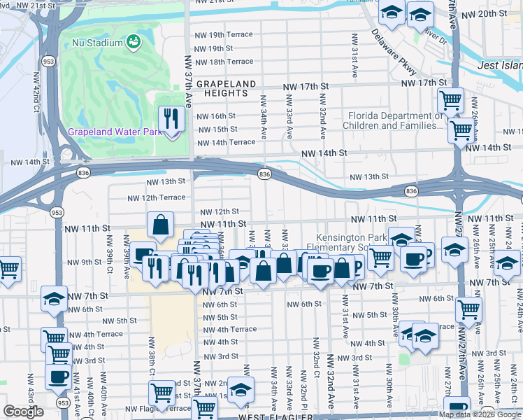 map of restaurants, bars, coffee shops, grocery stores, and more near 1138 Northwest 34th Avenue in Miami