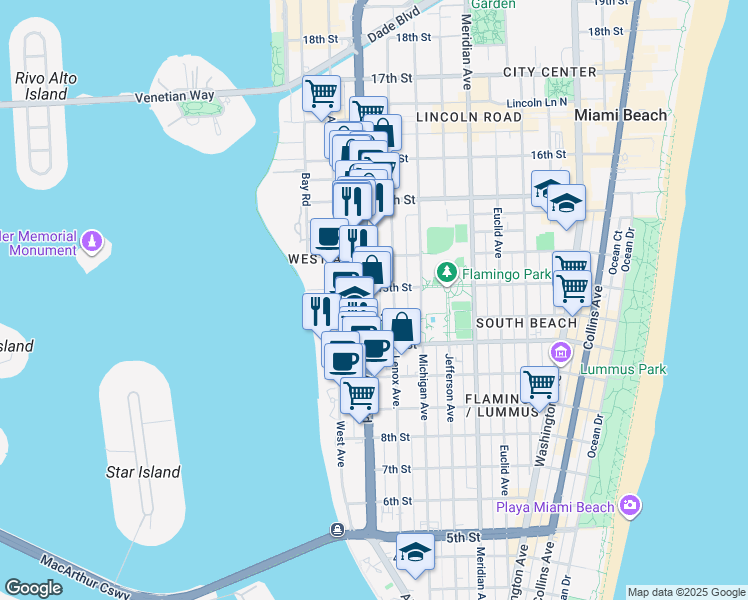 map of restaurants, bars, coffee shops, grocery stores, and more near 1239 Alton Road in Miami Beach