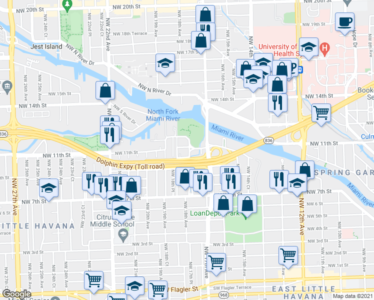 map of restaurants, bars, coffee shops, grocery stores, and more near 1040 Northwest 18th Avenue in Miami