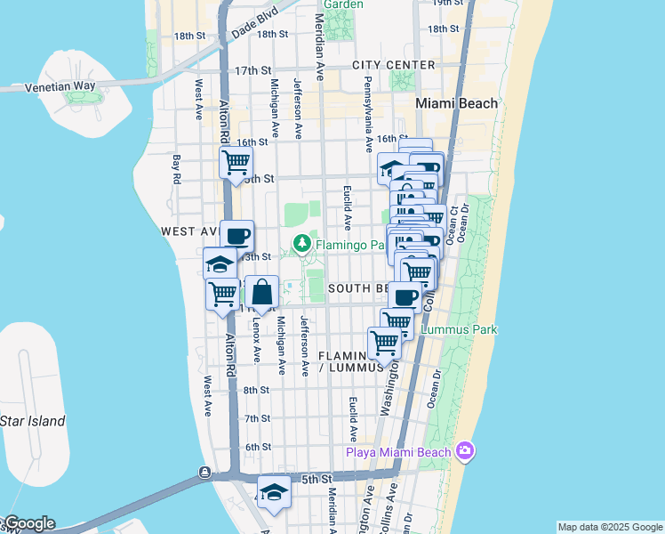 map of restaurants, bars, coffee shops, grocery stores, and more near 1235 Meridian Avenue in Miami Beach